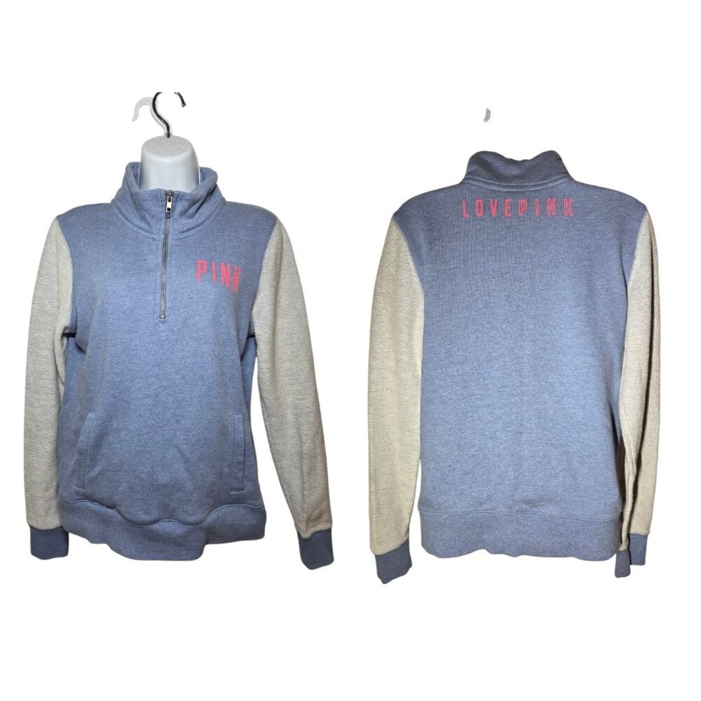 PINK Victoria's Secret Blue Gray 1/4-zip Pullover Sweatshirt Kangaroo Pocket S‎